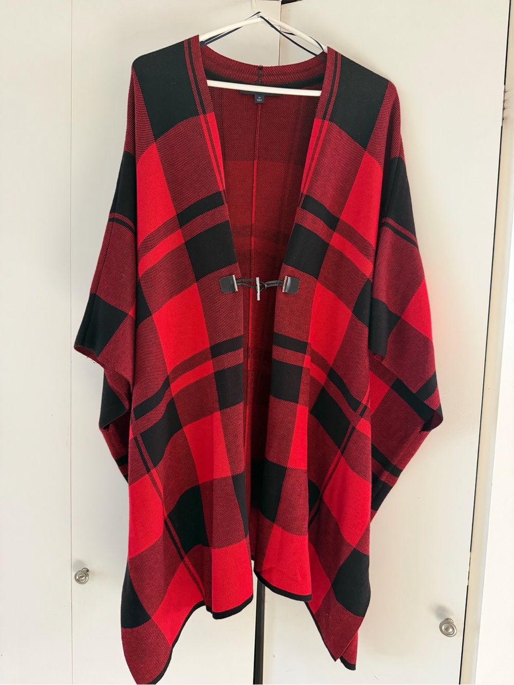 Tommy Hilfiger Red and Black Plaid Open-Front Poncho